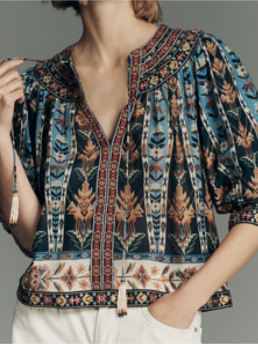 FARM Rio Floral-Print Peasant Blouse in Teal and Rust